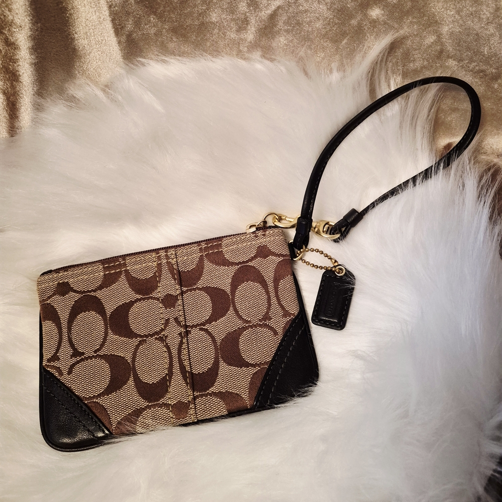 Coach Brown Signature Canvas Wristlet with Black Leather Trim